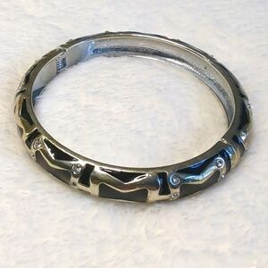 Vintage Sequin Brand Black and Gold Enameled Hinged Bracelet w/ Rhinestones